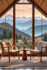 Modern Cozy Living Room with Majestic Mountain View at Sunset