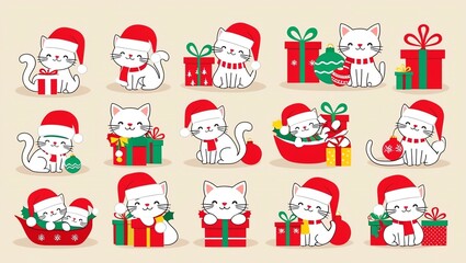 Cute festive cats with gifts and decorations showcasing holiday spirit and joy.