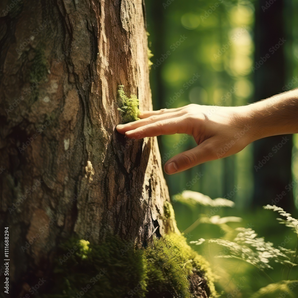 Poster close-up of a hand gently touching moss on a tree bark in a lush forest environment surrounded by na