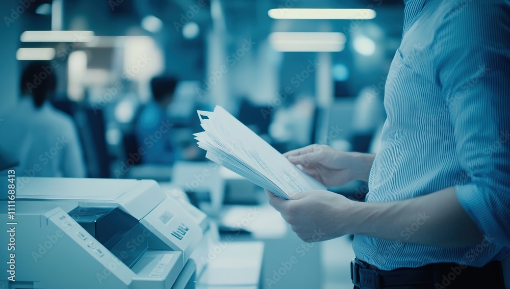 Poster office worker efficiently prints documents in busy workplace setting, utilizing modern office techno
