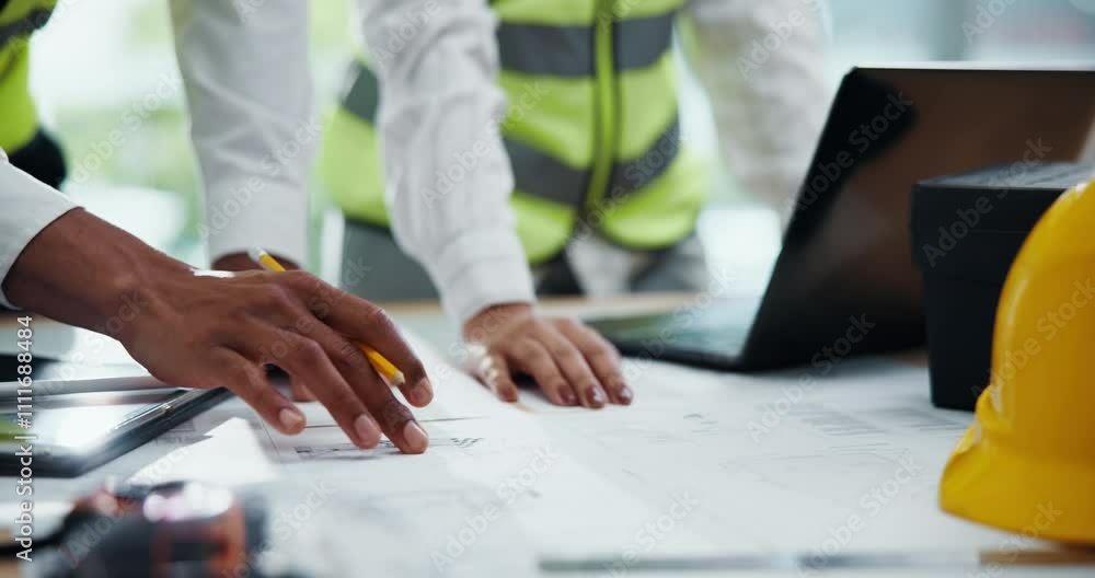 Poster hands, architect and blueprint with team for drawing in office, design and paper at construction com