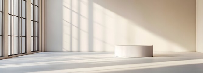 Obraz premium A simple white podium in a massive showroom with neutral-colored walls and bright, natural light coming through large windows, offering a clean, elegant backdrop for product display