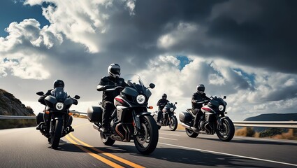 Group of motorcyclists riding on a scenic road with dramatic clouds overhead.