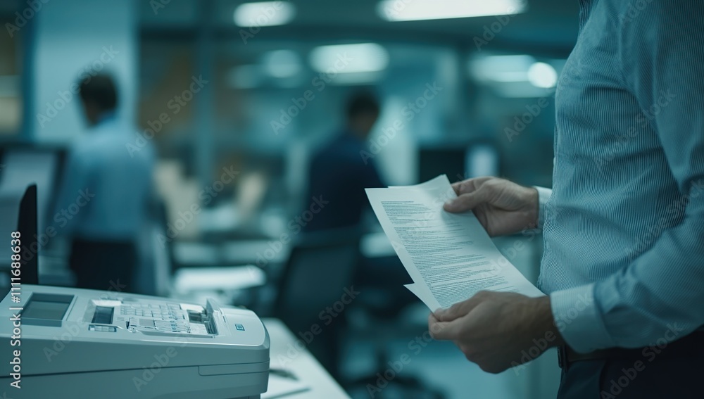 Poster office worker reviews documents from printer in busy workplace setting