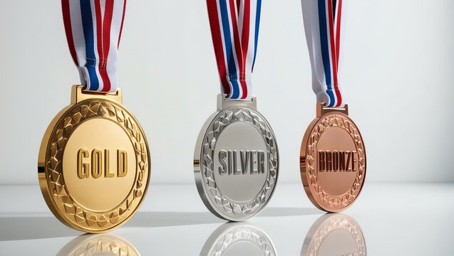 Three medals in gold, silver, and bronze hanging in a line with colorful ribbons, isolated on a white background.