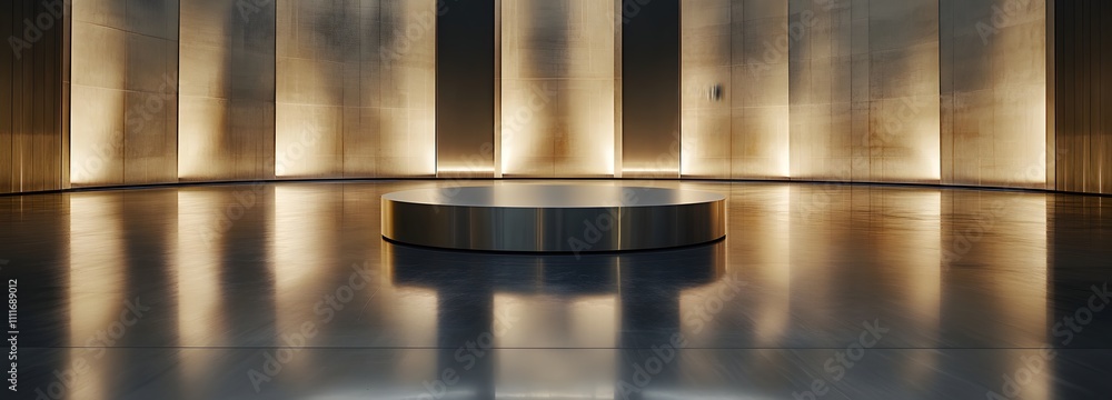 Poster a polished metal podium in a vast, empty space with soft ambient lighting, casting gentle reflection