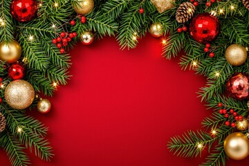 Festive Christmas Background with Ornaments and Evergreen Foliage