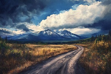 Winding Path Leading to Majestic Mountain Peaks Under Dramatic Cloudy Sky
