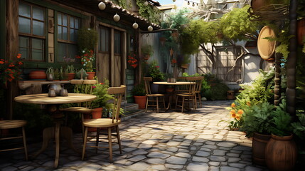 the outdoor patio from this image shows furniture, generative ai