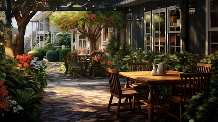 Fototapeta premium the outdoor patio from this image shows furniture, generative ai