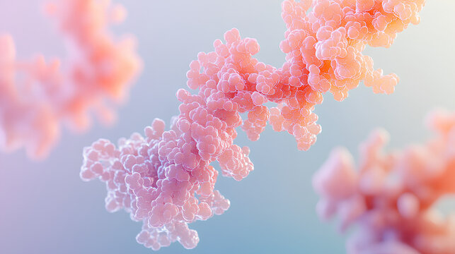 A pink, intricate molecular structure, likely a protein or polymer, displayed against a soft gradient background, showcasing the complexity of molecular biology.