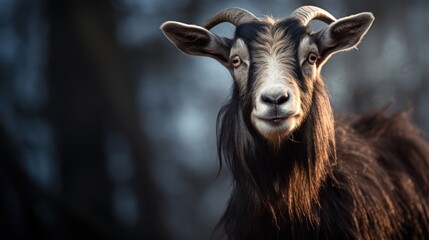 Fototapeta premium Close-Up Portrait of a Majestic Goat with Unique Spiral Horns and Soft Fur, Capturing its Intelligent Expression Against a Soft Focus Background