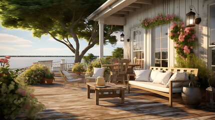 Fototapeta premium the outdoor patio from this image shows furniture, generative ai