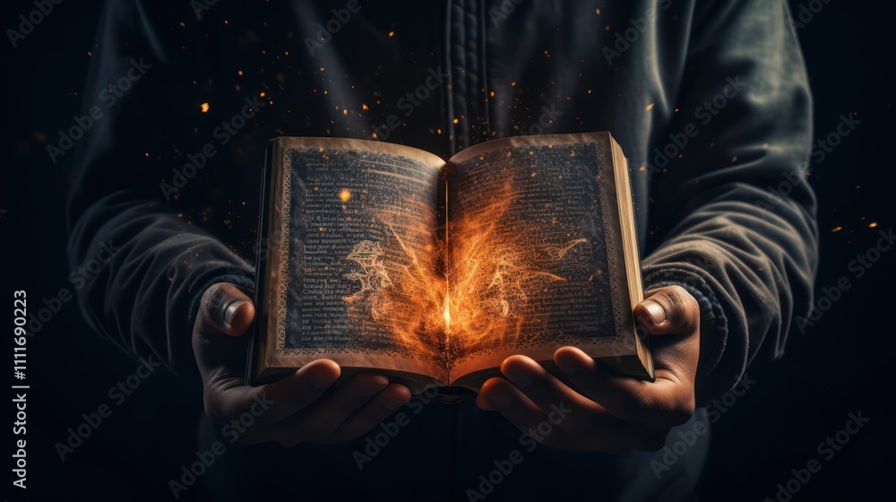 Poster enchanting open book with glowing magical flames emitting from pages held by mysterious hands in a d