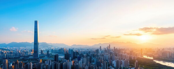 Modern city skyline at sunset with buildings and a river in view.