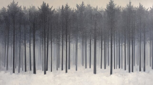 A Misty, Snowy Forest with Tall, Dark Trees