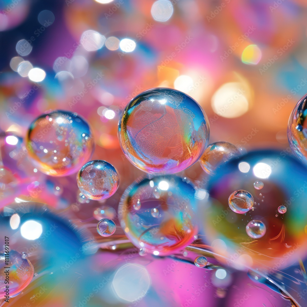Poster ethereal reflection of colorful soap bubbles on vibrant surface with soft focus, creating a dreamlik