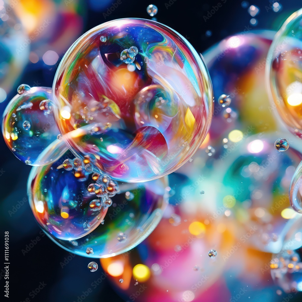 Poster colorful soap bubbles with sparkling highlights floating against a dark background in a dreamy and p