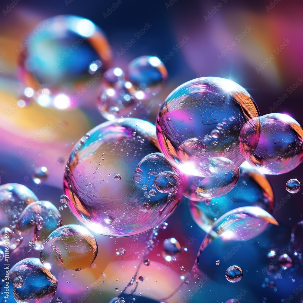 Poster colorful and abstract close-up of soap bubbles with iridescent reflection and dreamy background of b