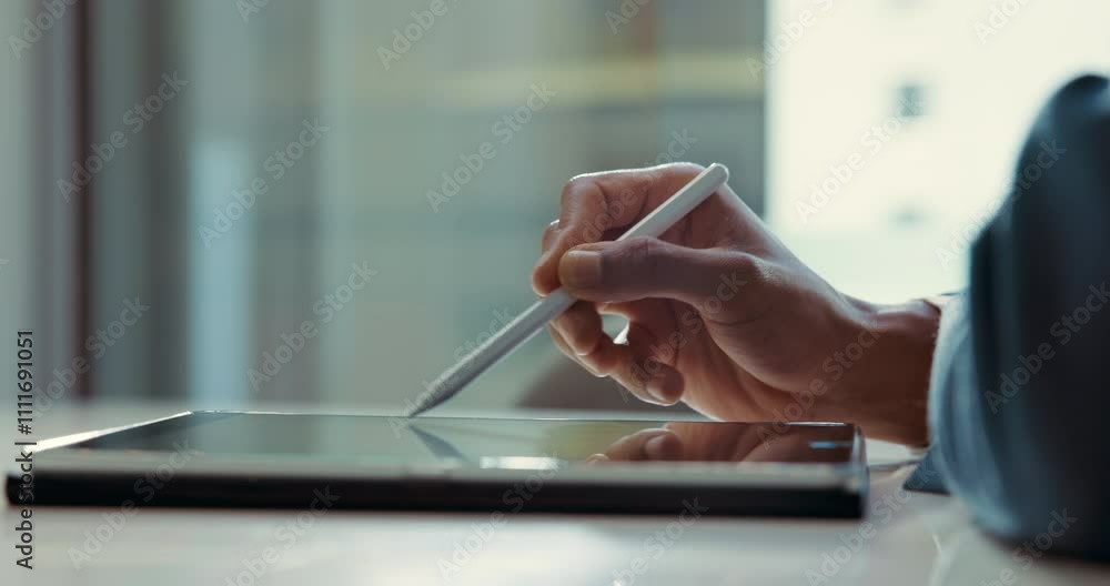 Poster pen, tablet and hands of business worker in office for website, research and online project. corpora