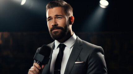 Naklejka premium Confident Male Presenter Holding Microphone in Elegant Suit on Stage with Dramatic Lighting