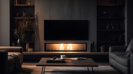 tv unit is sitting in living room with dim lights, generative ai