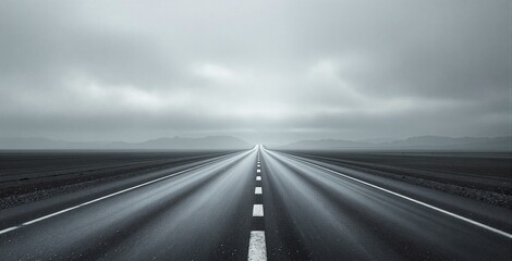 Lonely Highway Stretching into the Misty Horizon with Dramatic Cloud Cover