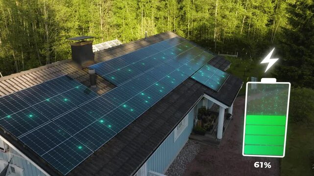 Charging battery icon with electricity visualization on house with solar panel