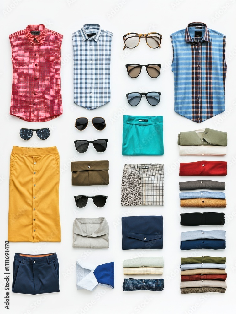 Aufkleber different shirts, pants, and accessories are arranged neatly on a white background, offering a spaci