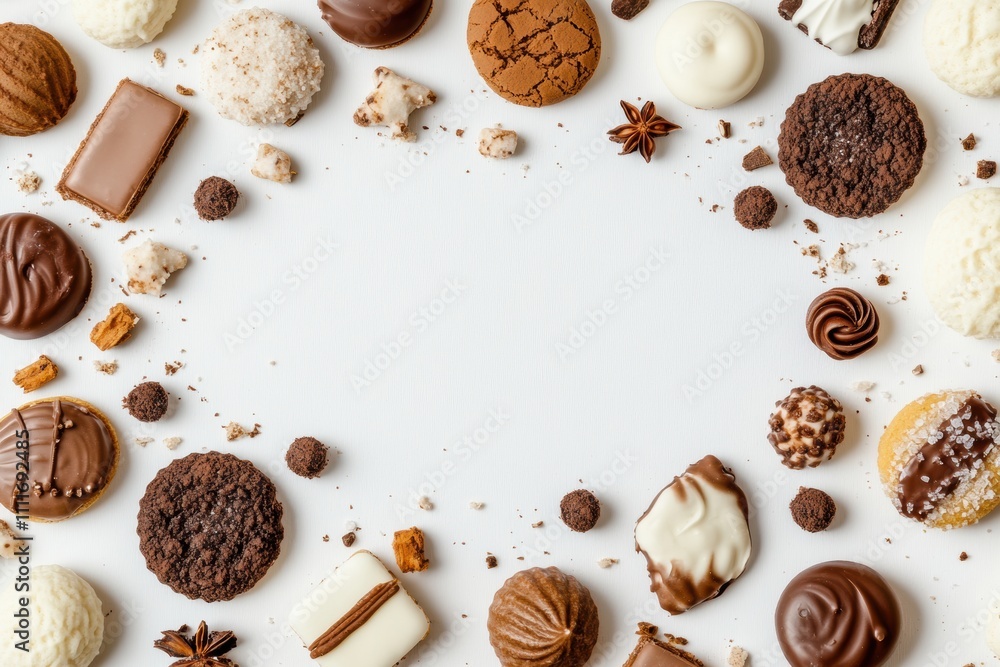 Poster colorful arrangement of various sweets and cookies on a white background, perfect for adding persona