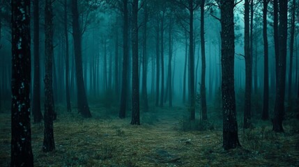 Fototapeta premium A Misty Forest Path with Tall Trees