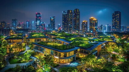 Fototapeta premium Aerial view of a modern city with green roofs at night, illuminated by city lights.