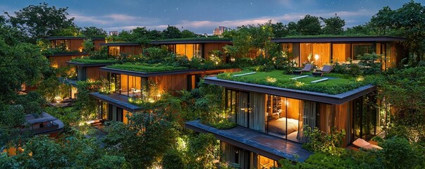 Modern eco-friendly villas with green roofs at twilight, surrounded by lush nature.