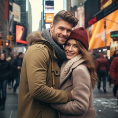 Fototapeta premium Young couple embracing in city during winter, smiling and enjoying the vibrant atmosphere of the city with bright lights and busy streets in the background.