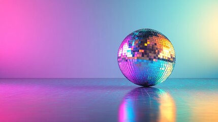A reflective disco ball on a colorful background, evoking a festive atmosphere.