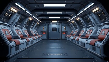 Obraz premium Futuristic Spaceship Corridor With Passenger Seating
