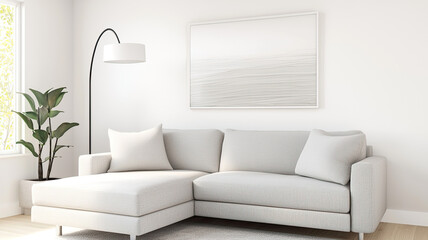 Modern living room with grey sofa and minimalist decor