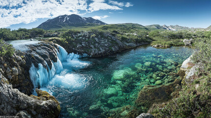 Fototapeta premium Panoramic view of a pristine waterfall cascading into a crystal-clear turquoise pool surrounded by rocks and vegetation with a mountain backdrop.