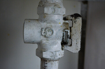 A white pipe with a black bolt on it. The mechanism for the gas. The bolt is rusted and the pipe is...