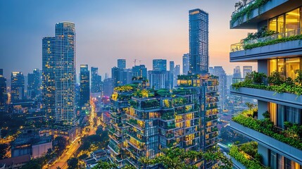 Obraz premium Urban skyline featuring modern buildings and greenery at sunset