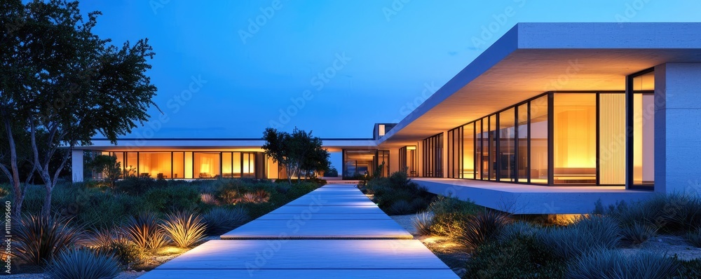 Poster modern architecture at dusk with illuminated pathways and sleek design elements.