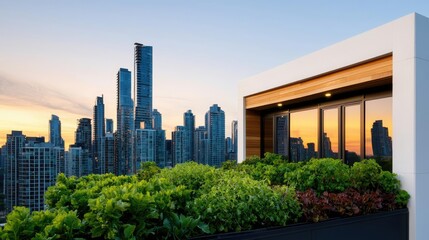 Fototapeta premium Modern building rooftop with greenery, city skyline at sunset, vibrant colors.