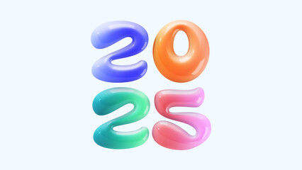 Naklejka premium 3D render Happy New Year 2025 text colorful bubble glossy glass effect