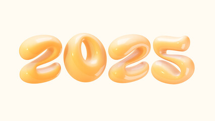 3D render Happy New Year 2025 text bubble gold glossy glass effect