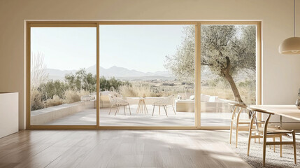 Modern dining room open to patio with scenic mountain view.