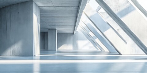 Obraz premium Modern Architectural Design: Sunlit Concrete Interior with Geometric Windows and Spacious Hallway