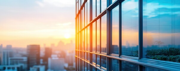 Modern glass building reflecting sunset, urban skyline in background.
