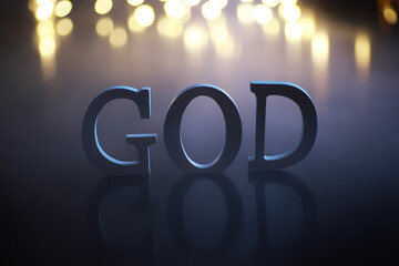 Illuminated GOD Lettering with Abstract Bokeh Lights in Background