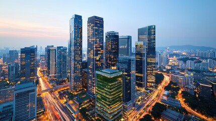 Fototapeta premium Aerial view of a modern city skyline at twilight with illuminated skyscrapers.
