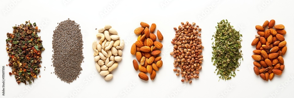 Poster an assortment of organic seeds, nuts, and herbs neatly placed on a white background, offering clear 
